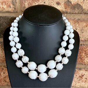 White lucite beaded with silver tone filagree caps double stranded necklace